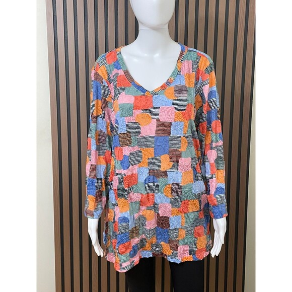 Ali Miles Women's L Orange Blouse Polyester Tunic Patchwork Artsy Boho Travel - Picture 1 of 9